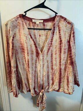 lovestitch Ivory and Rust Tie-Front V-Neck Blouse with Gold Detail